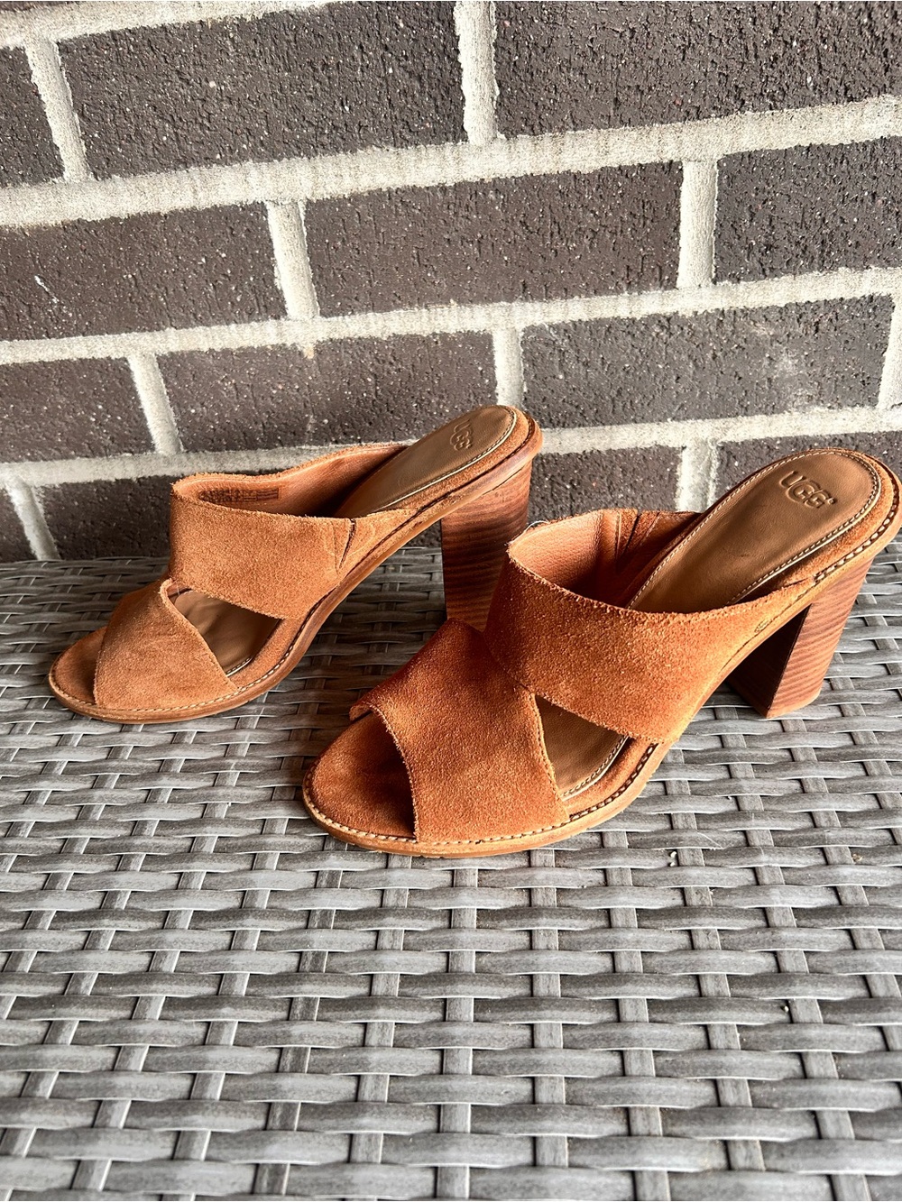 UGG Women's Rust/BrownSuede Crossover Block Heel Mules - Size 10